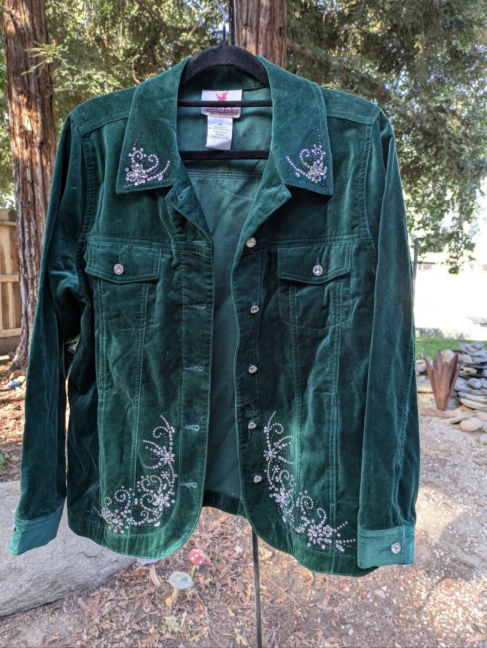 Quacker Factory Emerald Velvet Jean Jacket with Crystal Accents